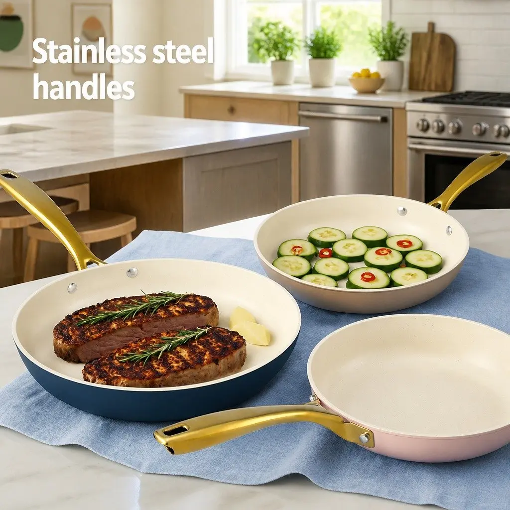 Frying Pan 3 Piece Set Ceramic Non-Stick Cookware Multi Colour Kitchen Skillet