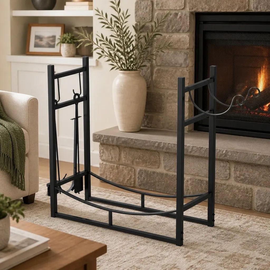 Firewood Rack Log Storage Holder with Fireplace Tools Set Heavy Duty Metal