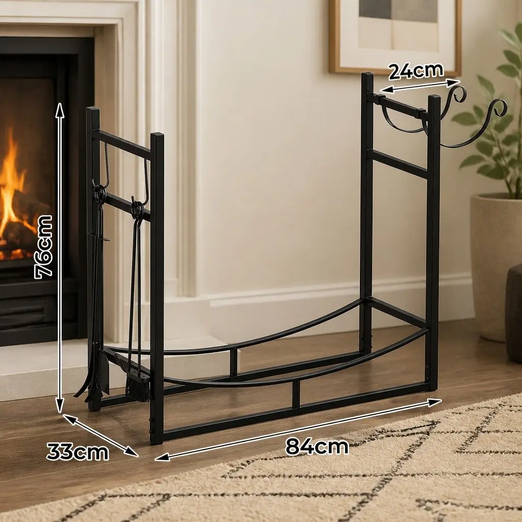 Firewood Rack Log Storage Holder with Fireplace Tools Set Heavy Duty Metal