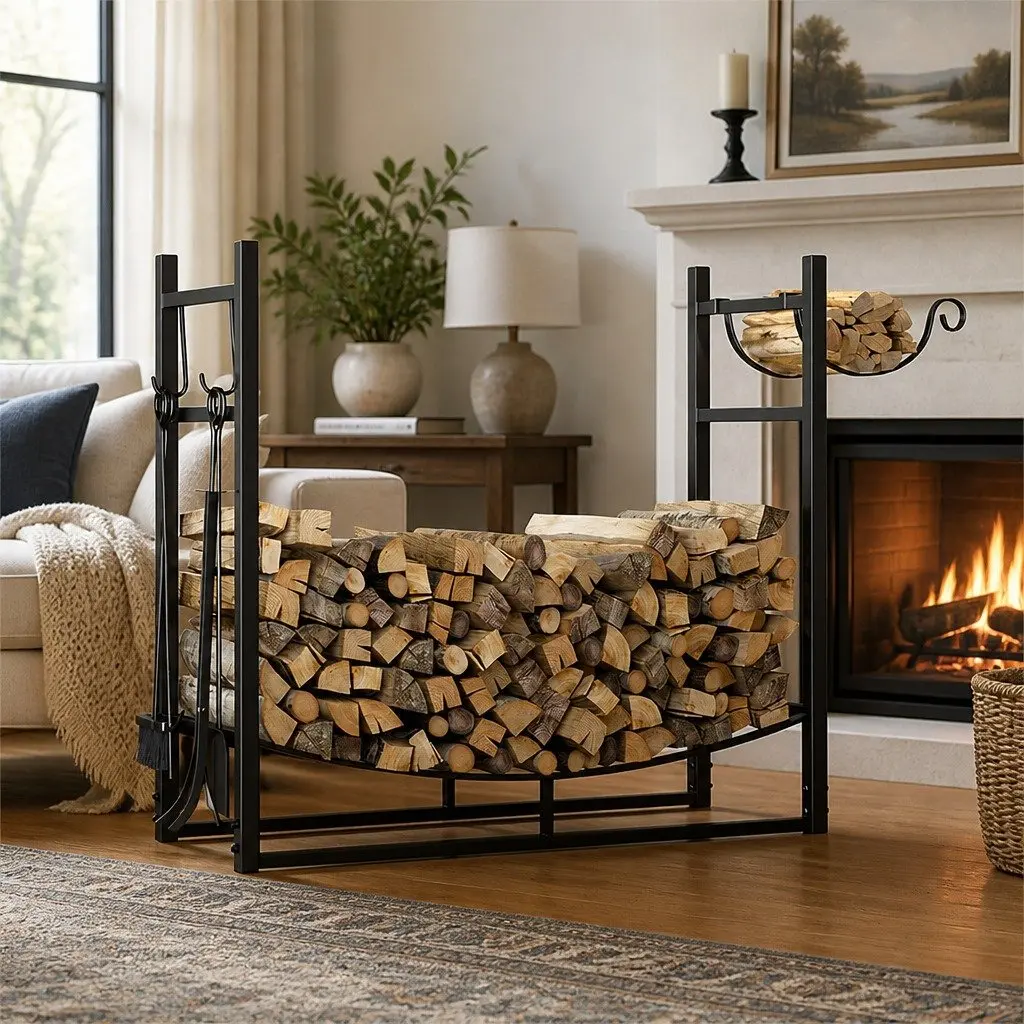 Firewood Rack Log Storage Holder with Fireplace Tools Set Heavy Duty Metal