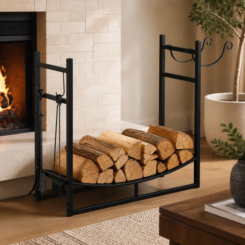 Firewood Rack Log Storage Holder with Fireplace Tools Set Heavy Duty Metal
