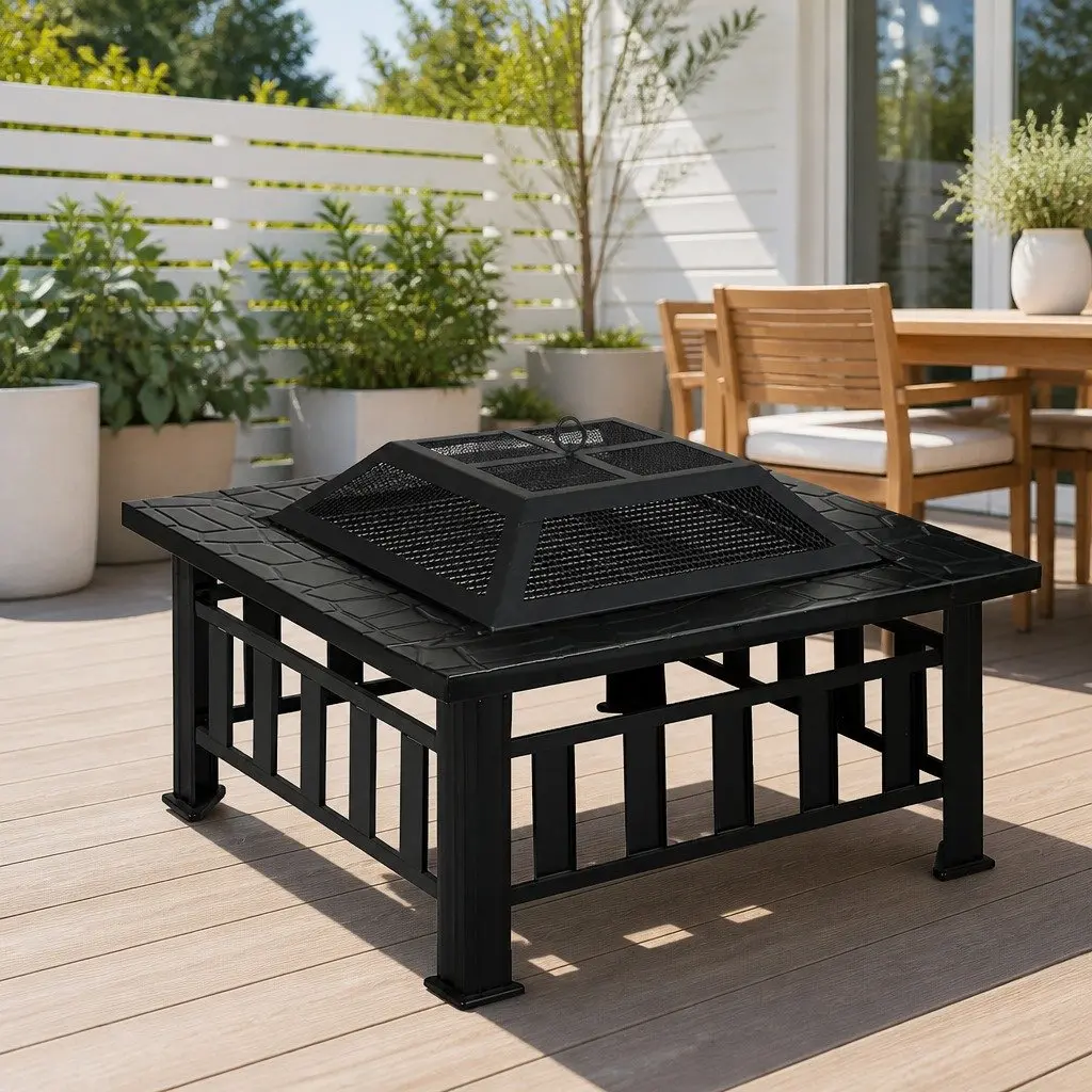 2-In-1 Fire Pit BBQ Grill Outdoor Table Black Steel Frame 81 x 81 x 45 cm Garden Heating Patio