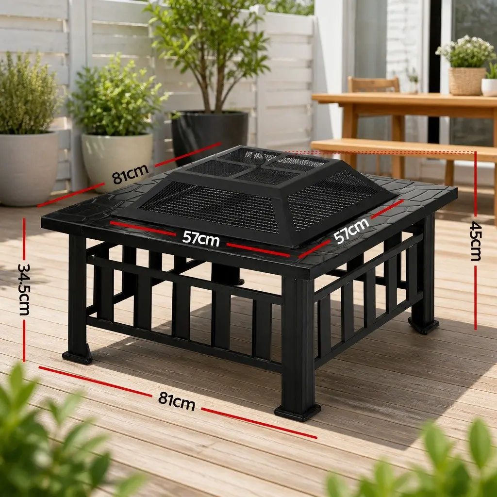 2-In-1 Fire Pit BBQ Grill Outdoor Table Black Steel Frame 81 x 81 x 45 cm Garden Heating Patio