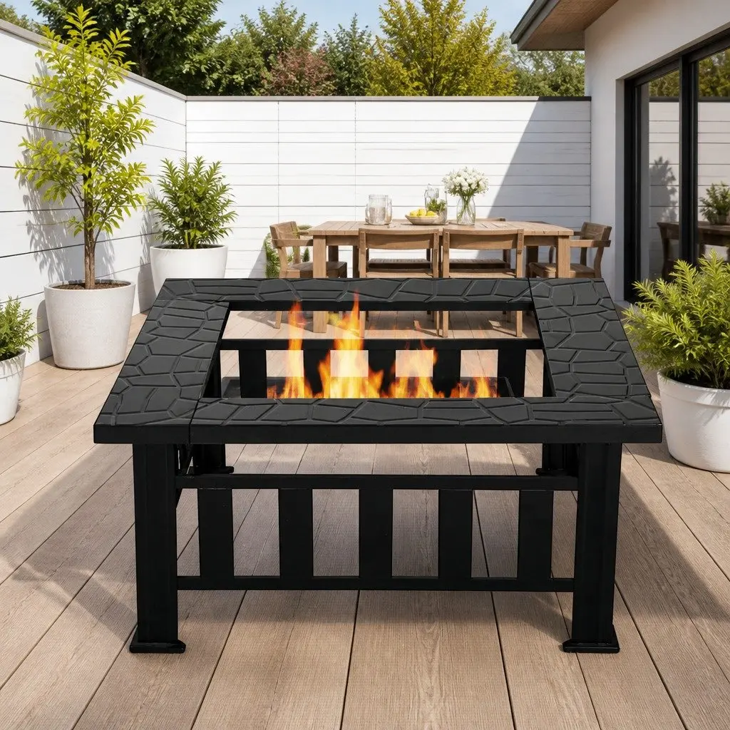 2-In-1 Fire Pit BBQ Grill Outdoor Table Black Steel Frame 81 x 81 x 45 cm Garden Heating Patio