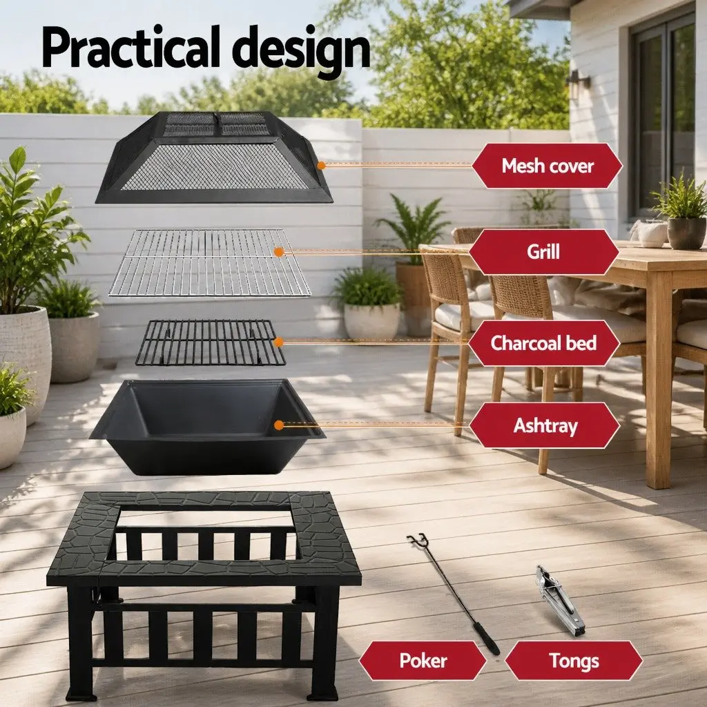 2-In-1 Fire Pit BBQ Grill Outdoor Table Black Steel Frame 81 x 81 x 45 cm Garden Heating Patio