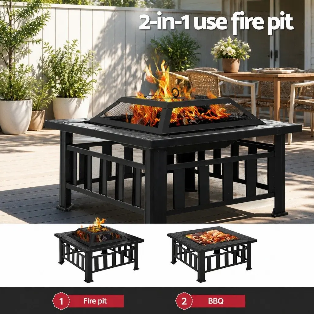 2-In-1 Fire Pit BBQ Grill Outdoor Table Black Steel Frame 81 x 81 x 45 cm Garden Heating Patio