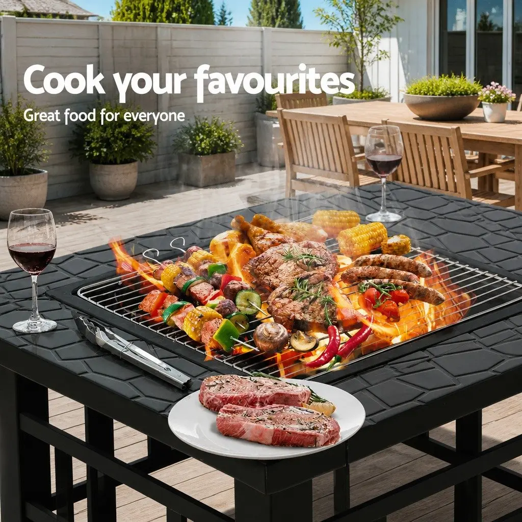 2-In-1 Fire Pit BBQ Grill Outdoor Table Black Steel Frame 81 x 81 x 45 cm Garden Heating Patio