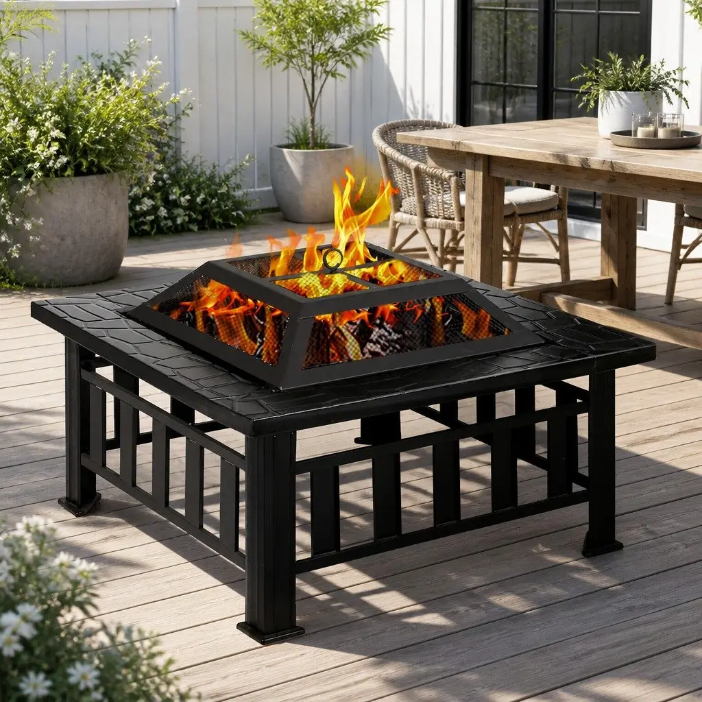 2-In-1 Fire Pit BBQ Grill Outdoor Table Black Steel Frame 81 x 81 x 45 cm Garden Heating Patio