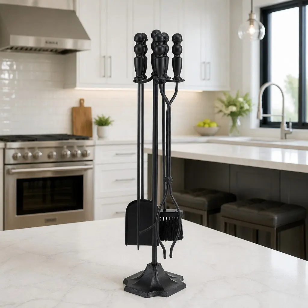 Fire Pit Tool Set 4 Piece Cast Iron Fireplace Poker Shovel Brush Clipper with