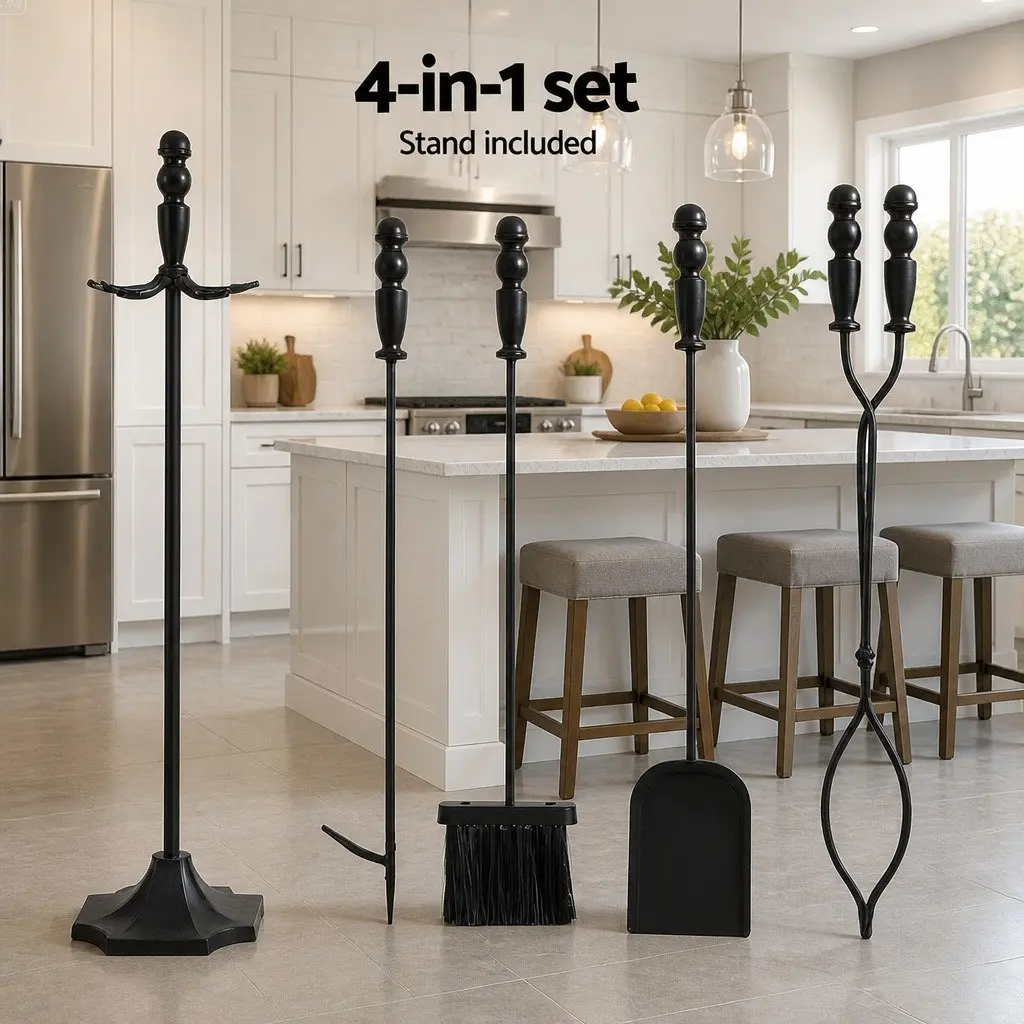Fire Pit Tool Set 4 Piece Cast Iron Fireplace Poker Shovel Brush Clipper with
