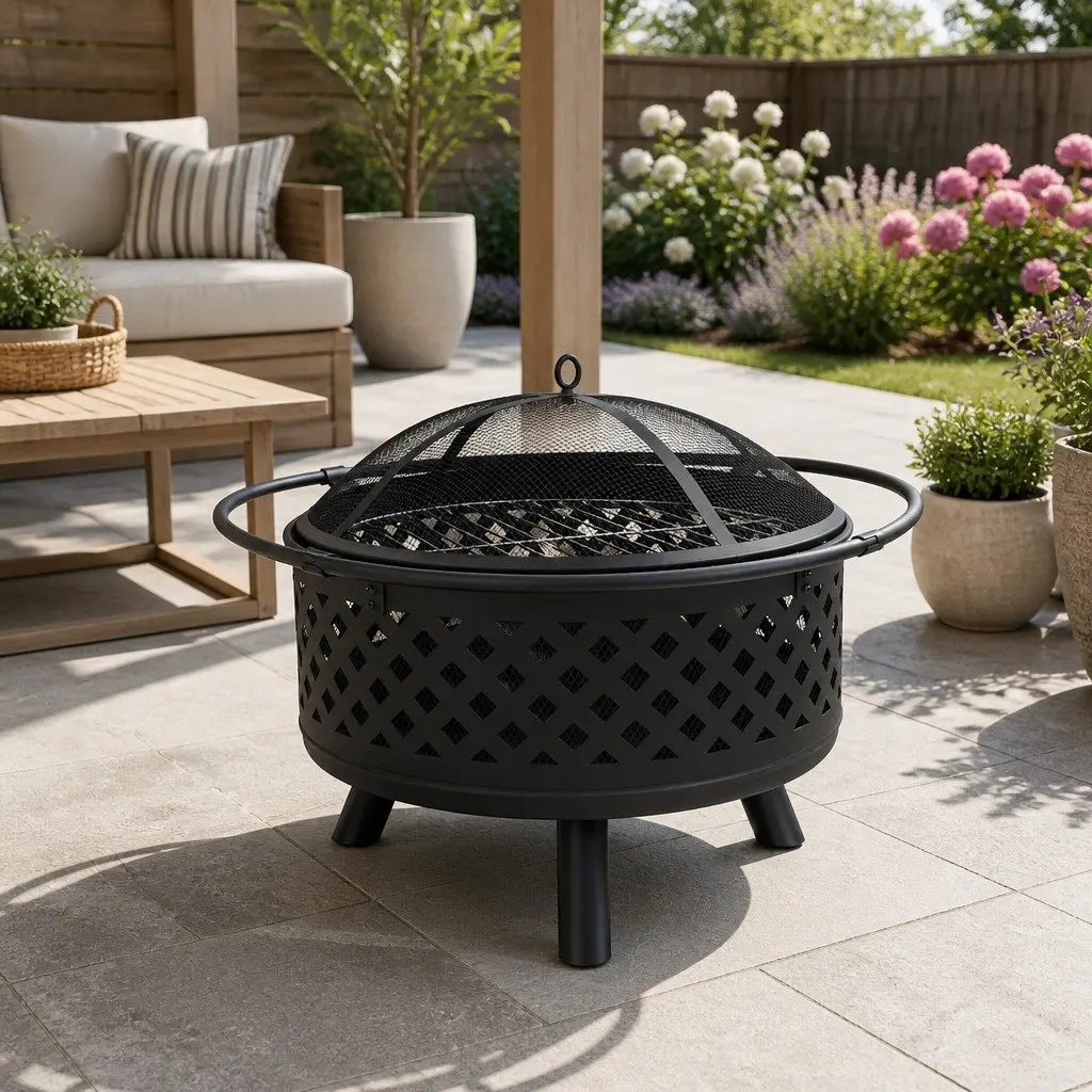 2-in-1 Fire Pit BBQ Grill Outdoor Heating Fireplace Garden Patio 76cm