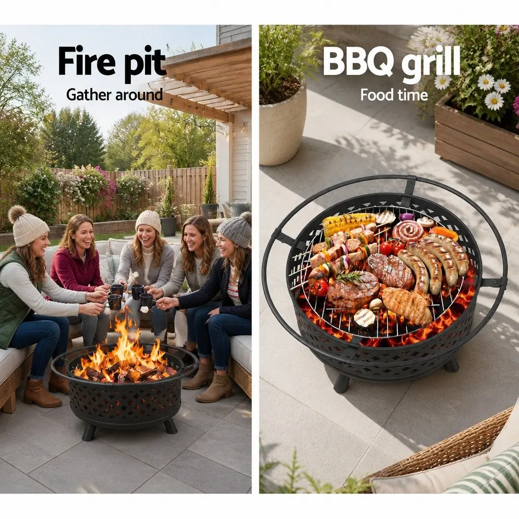 2-in-1 Fire Pit BBQ Grill Outdoor Heating Fireplace Garden Patio 76cm