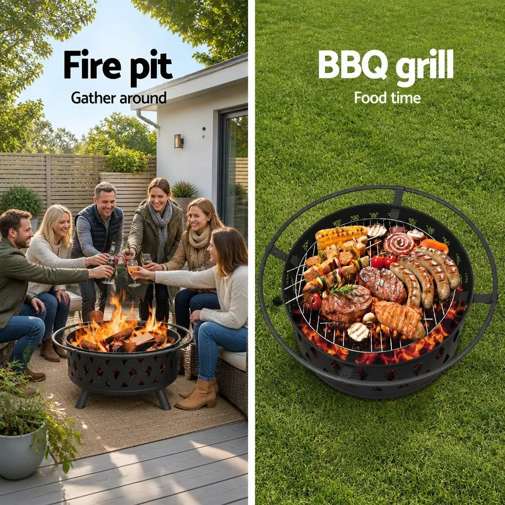 Fire Pit BBQ Grill 82cm 2-in-1 Outdoor Heating Cooking Garden Patio Fireplace