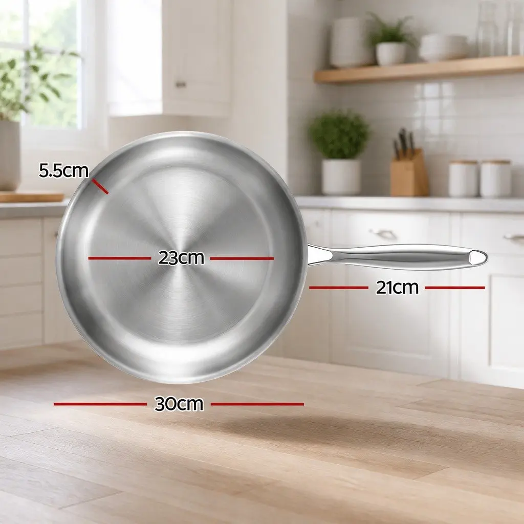 Stainless Steel Frying Pan for Kitchen 30cm Uncoated Tri-Ply Induction Frypan Silver