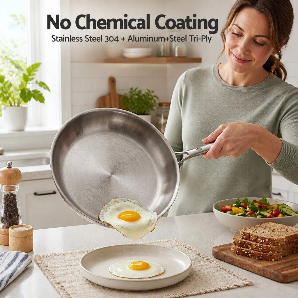 Stainless Steel Frying Pan for Kitchen 30cm Uncoated Tri-Ply Induction Frypan Silver