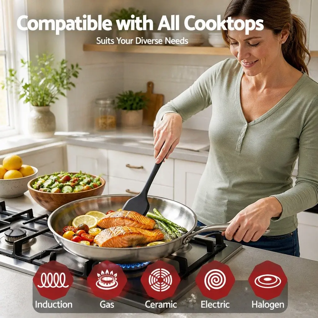 Stainless Steel Frying Pan for Kitchen 30cm Uncoated Tri-Ply Induction Frypan Silver