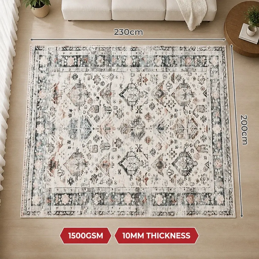 Floor Rug for Lounge Bedroom Kitchen Bathroom 200x230cm Vintage Short Pile Washable Soft Plush Non Slip