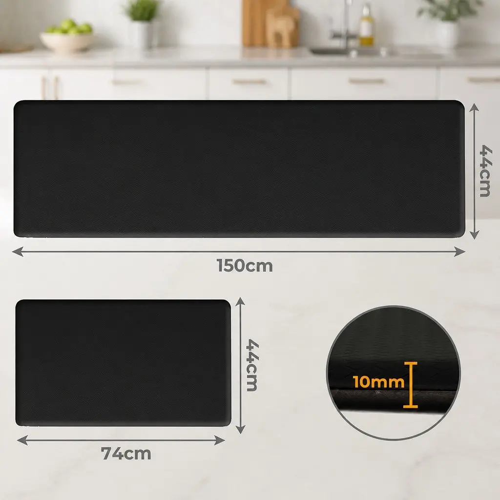 Kitchen Mat 2PCS Non Slip Anti Fatigue PU Rug Black Waterproof Runner Pad
