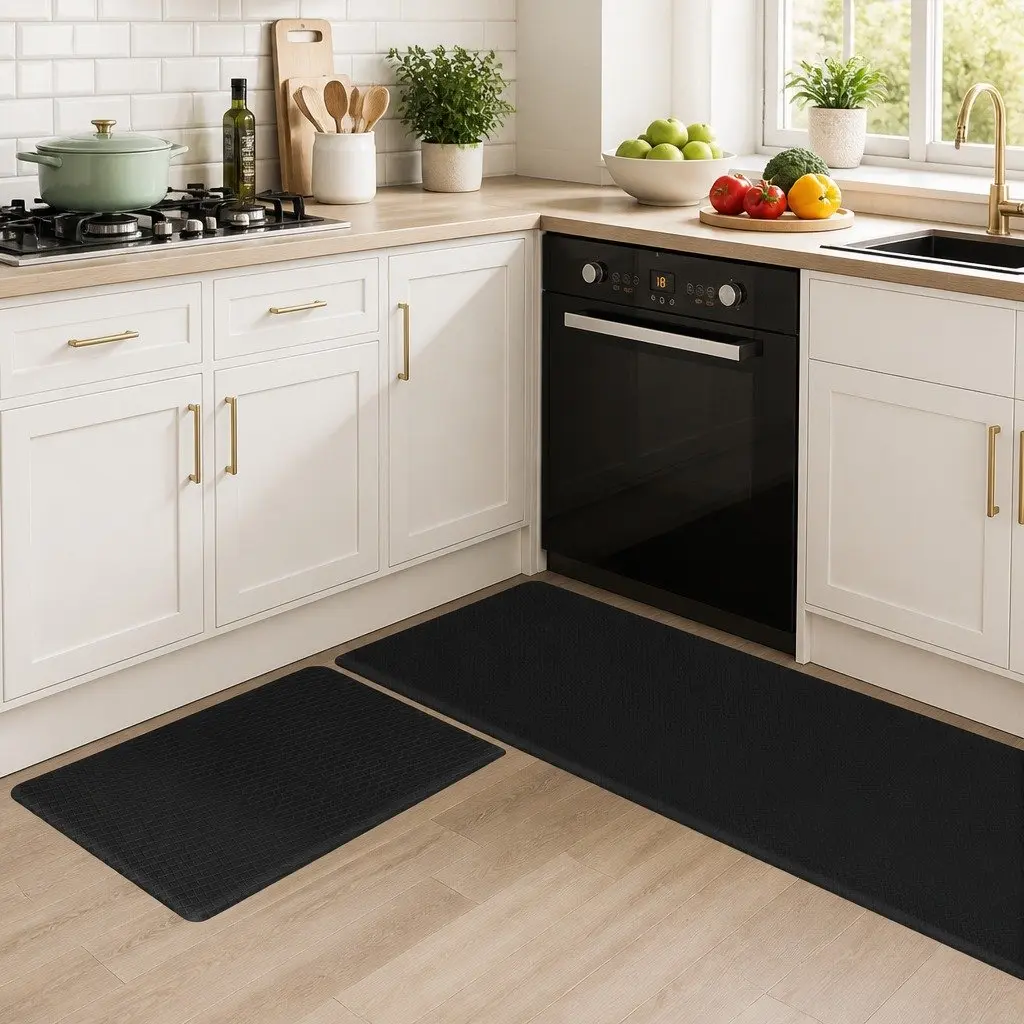 Kitchen Mat 2PCS Non Slip Anti Fatigue PU Rug Black Waterproof Runner Pad