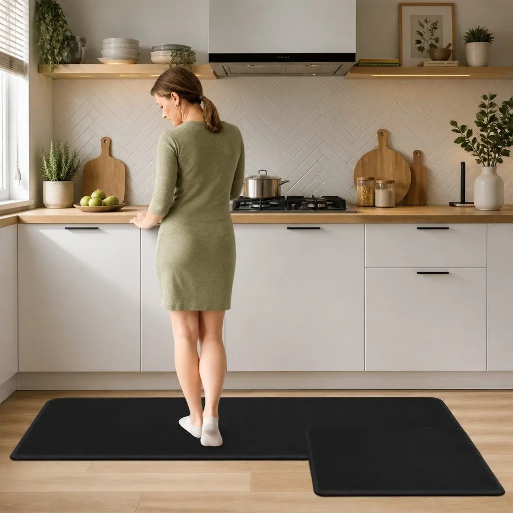 Kitchen Mat 2PCS Non Slip Anti Fatigue PU Rug Black Waterproof Runner Pad