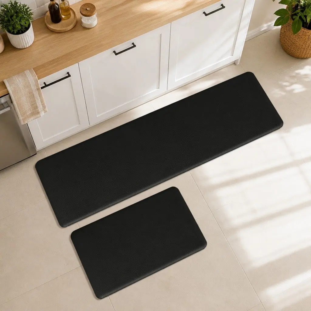 Kitchen Mat 2PCS Non Slip Anti Fatigue PU Rug Black Waterproof Runner Pad