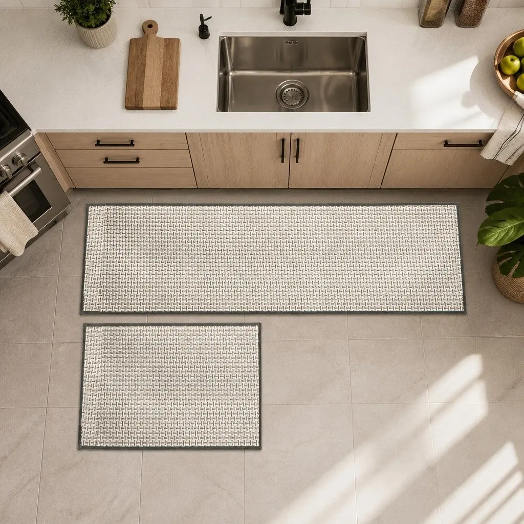 Woven Kitchen Rug Non Slip Absorbent Mat 2 Piece Grey