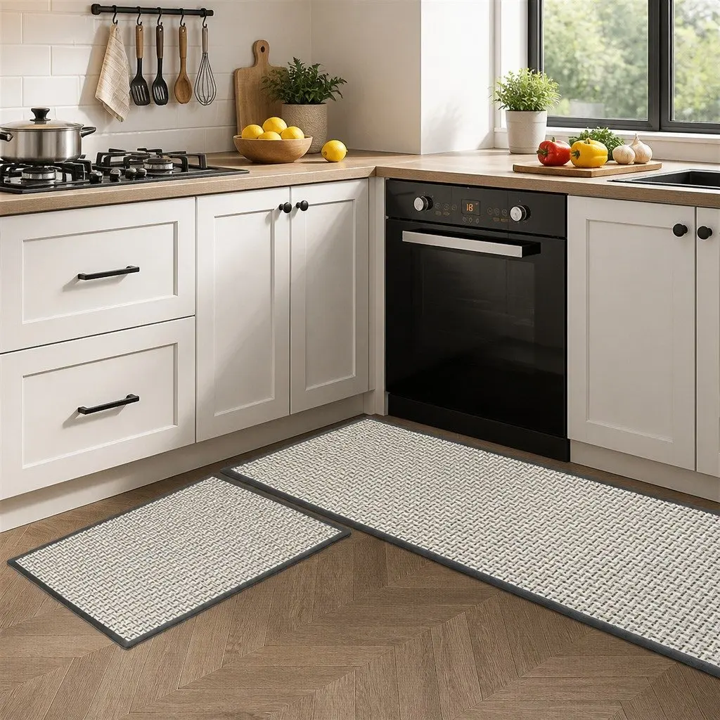 Woven Kitchen Rug Non Slip Absorbent Mat 2 Piece Grey