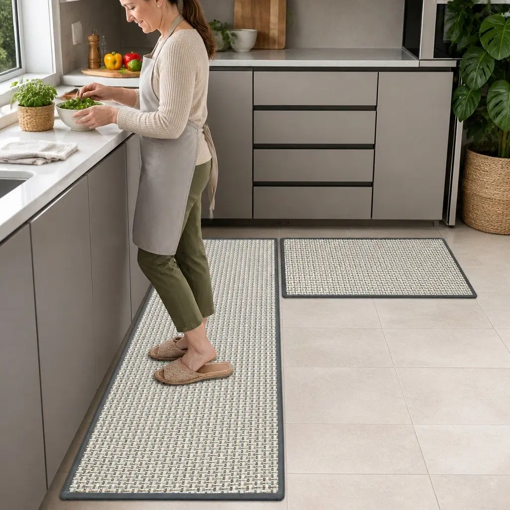 Woven Kitchen Rug Non Slip Absorbent Mat 2 Piece Grey