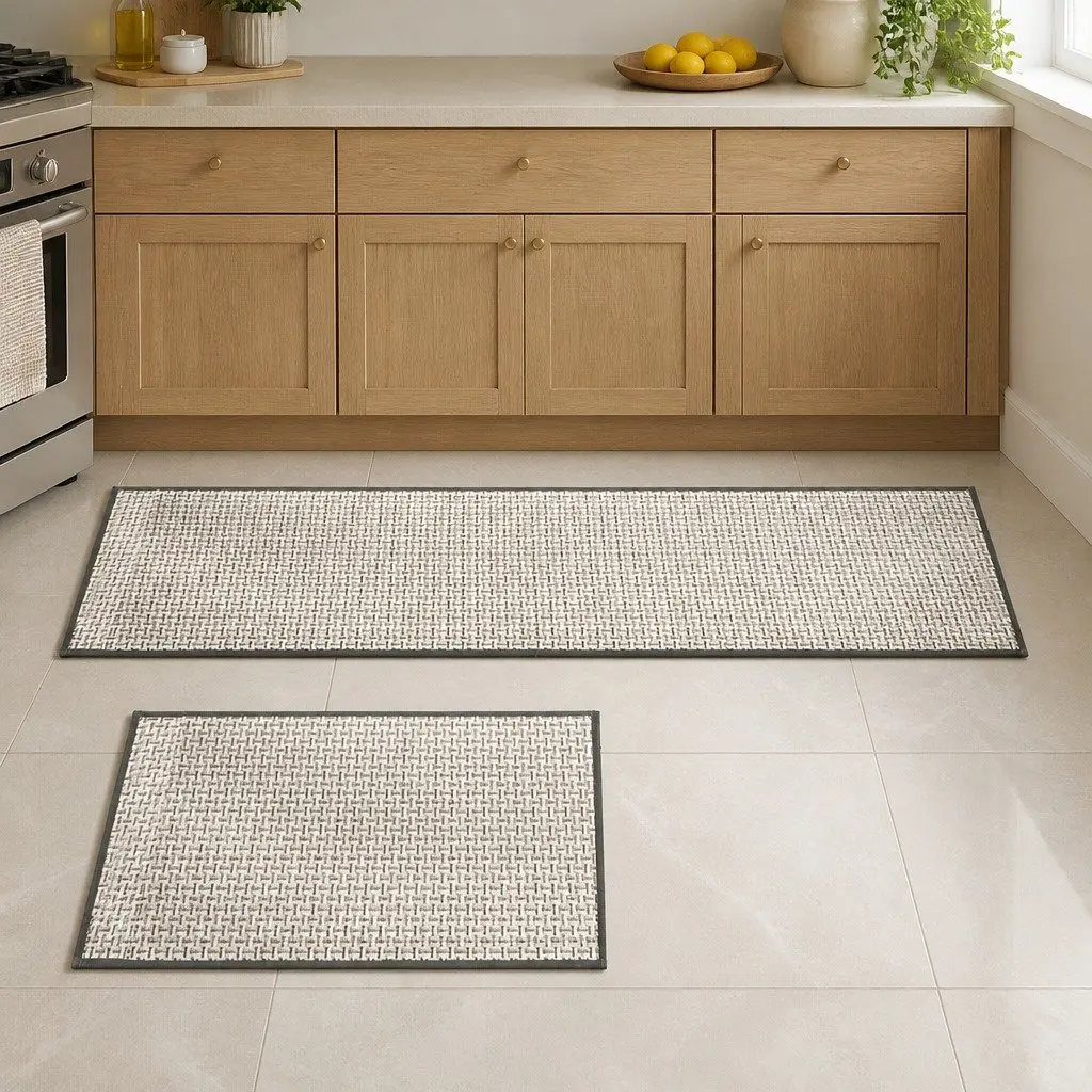 Woven Kitchen Rug Non Slip Absorbent Mat 2 Piece Grey