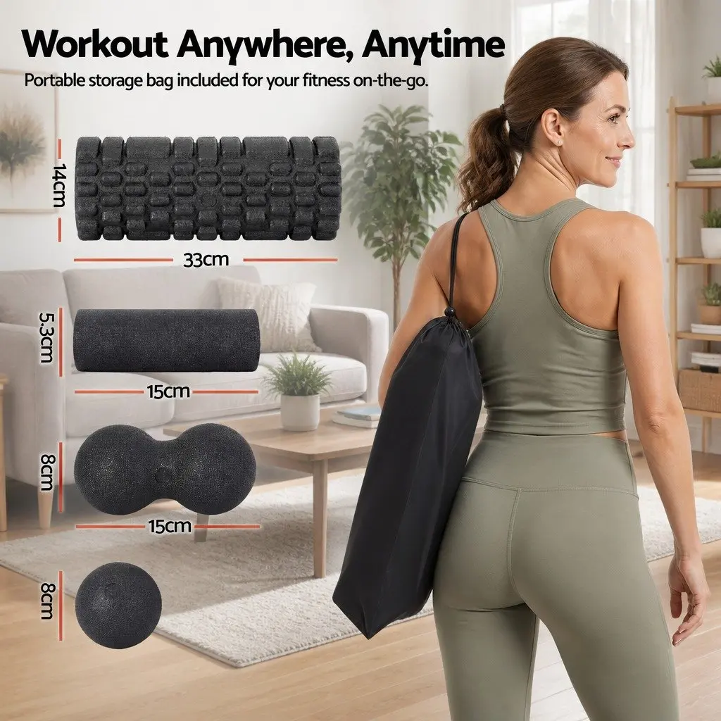 Foam Roller Set 4 in 1 for Deep Tissue Massage and Muscle Recovery 33cm x 14cm Black