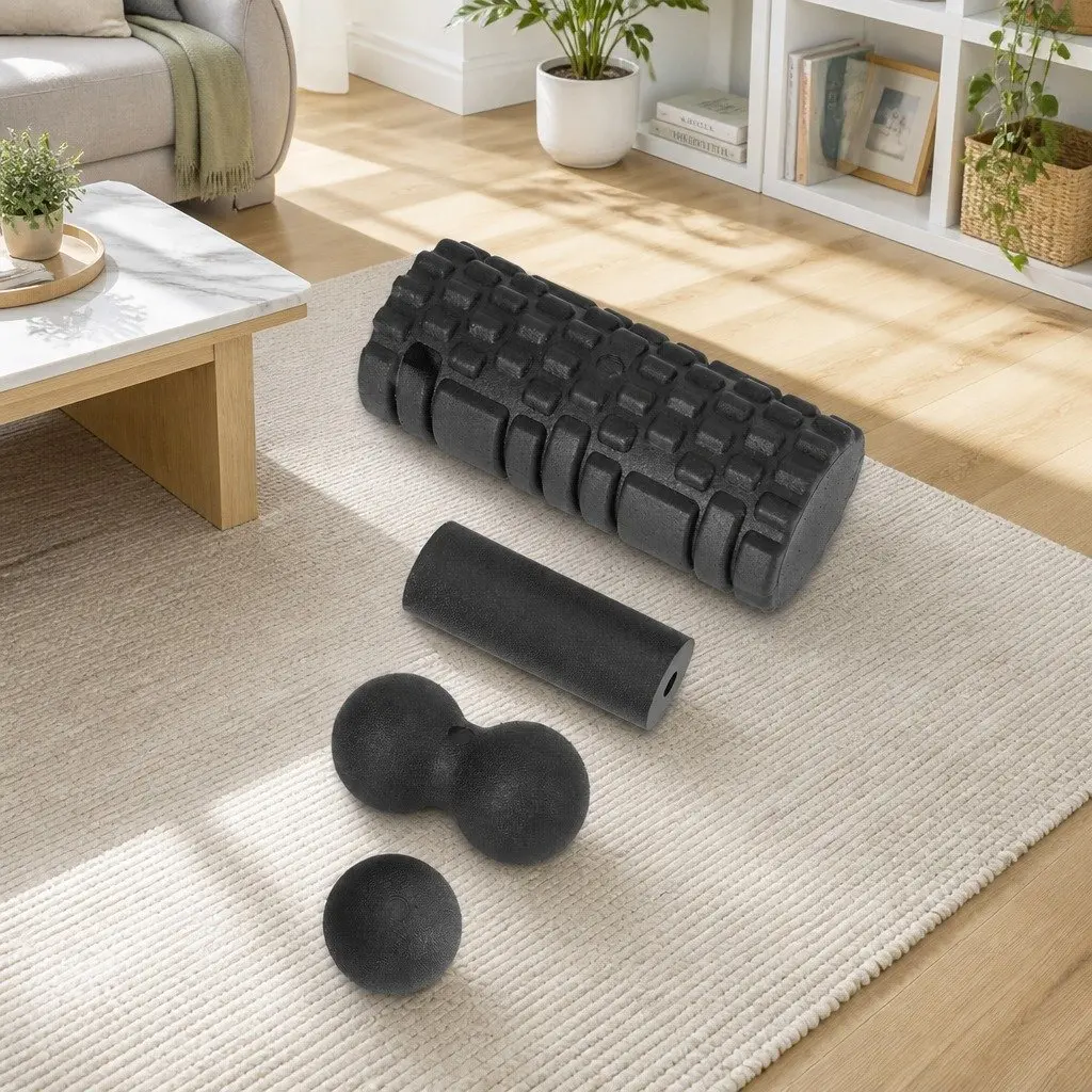 Foam Roller Set 4 in 1 for Deep Tissue Massage and Muscle Recovery 33cm x 14cm Black