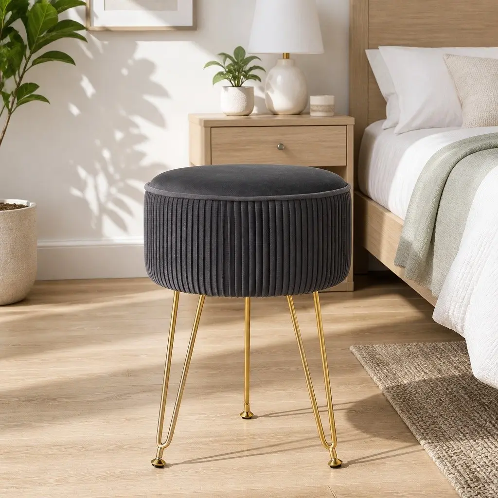 Round Ottoman Footstool Living Room Velvet Grey 33cm x 33cm x 46cm