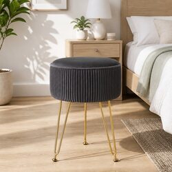 Round Ottoman Footstool with Velvet and Metal Legs