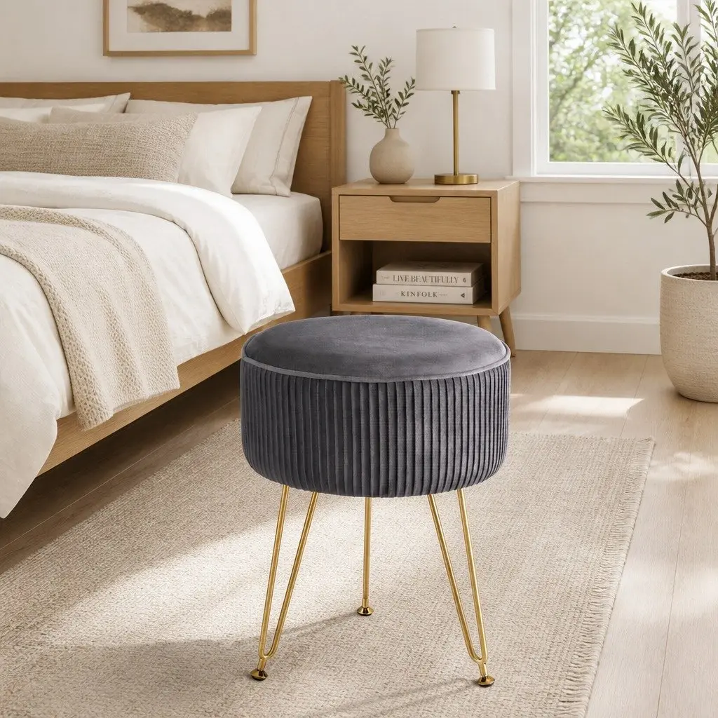 Round Ottoman Footstool Living Room Velvet Grey 33cm x 33cm x 46cm