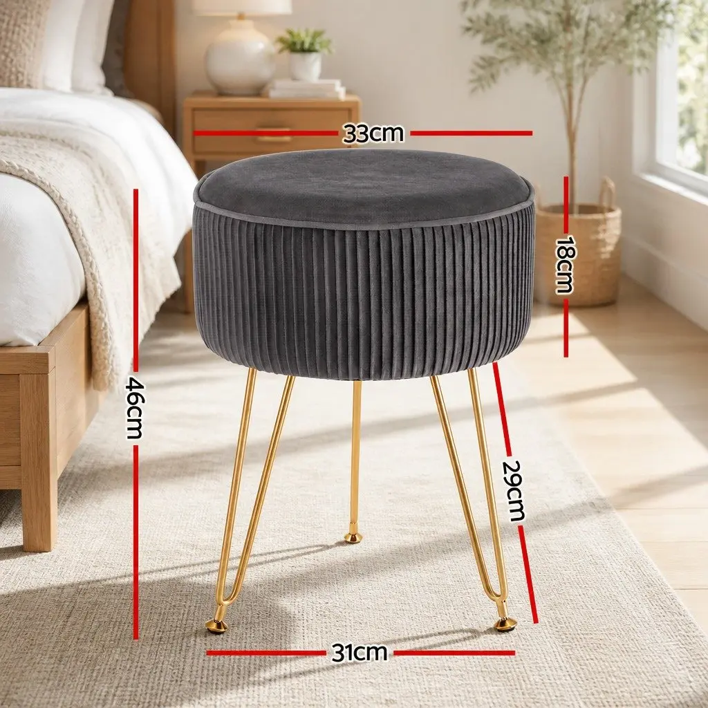 Round Ottoman Footstool Living Room Velvet Grey 33cm x 33cm x 46cm