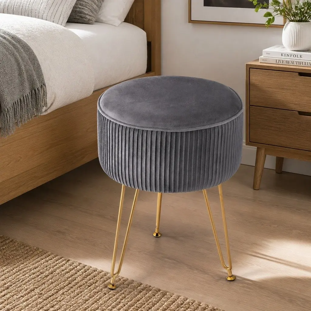 Round Ottoman Footstool Living Room Velvet Grey 33cm x 33cm x 46cm