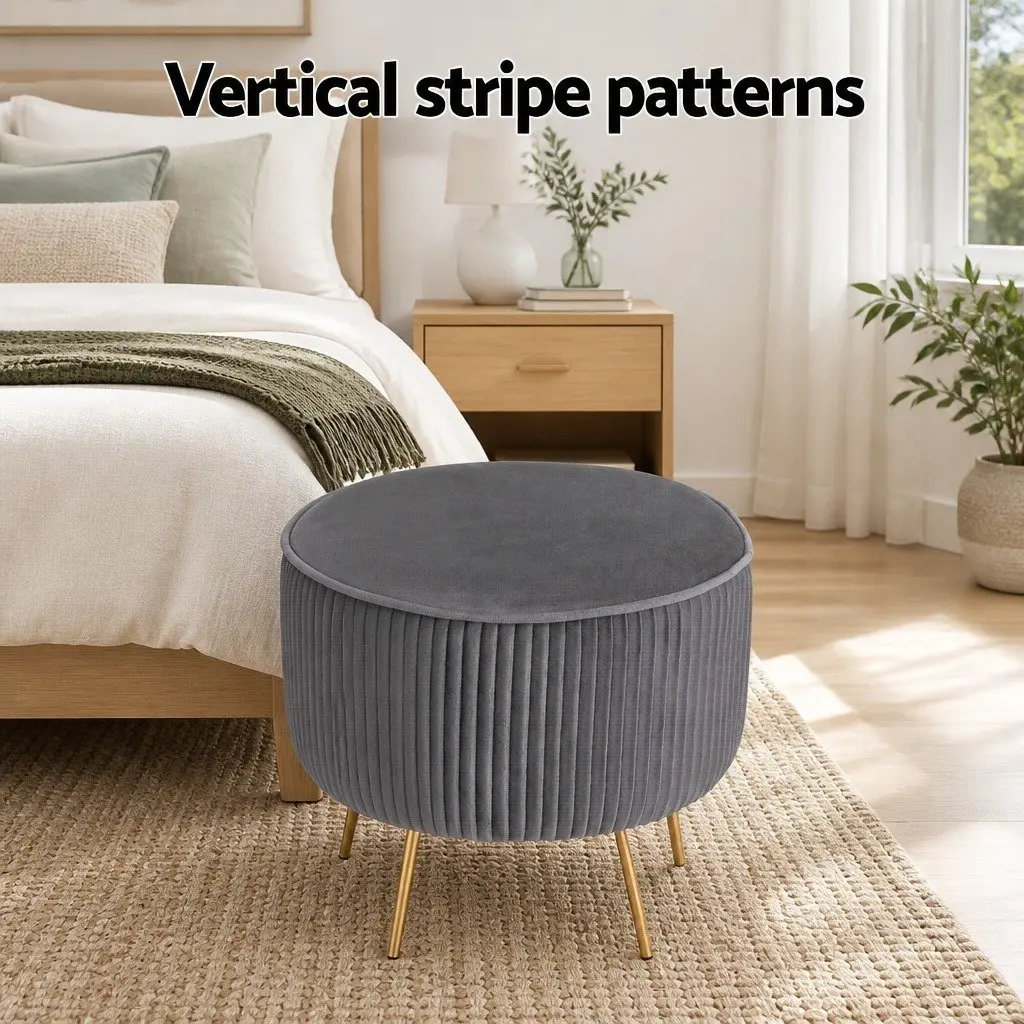Round Ottoman Footstool Living Room Velvet Grey 33cm x 33cm x 46cm