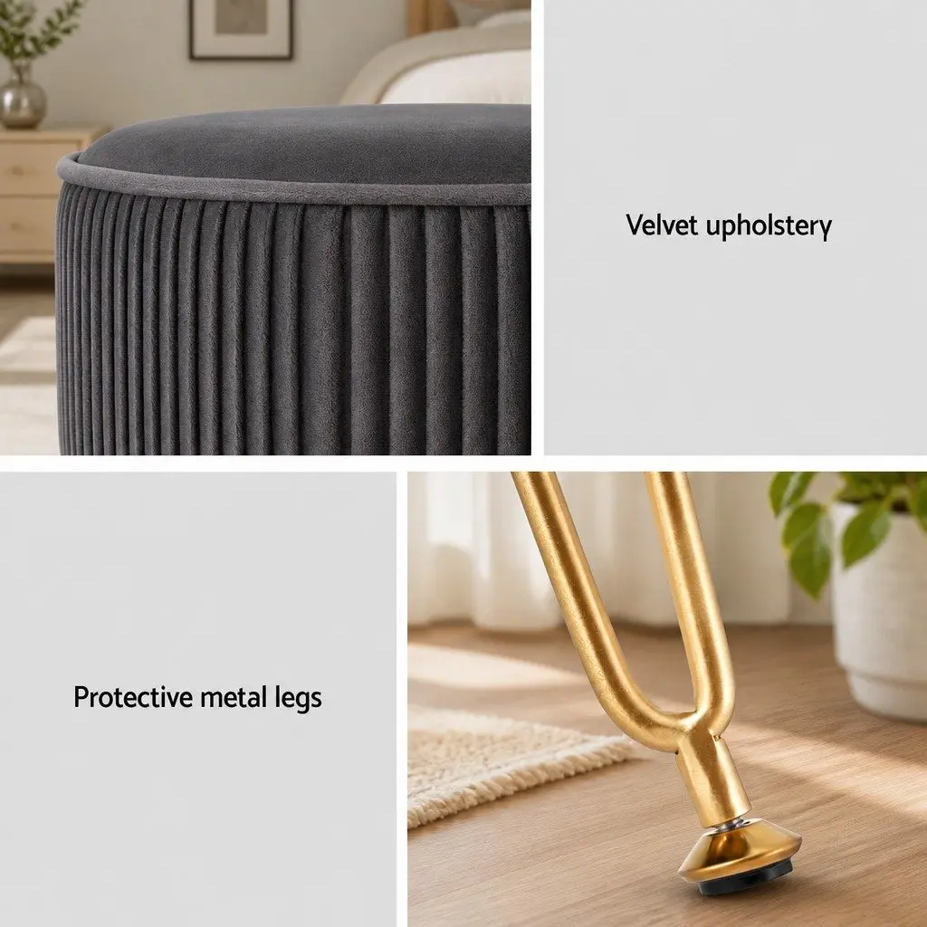 Round Ottoman Footstool Living Room Velvet Grey 33cm x 33cm x 46cm