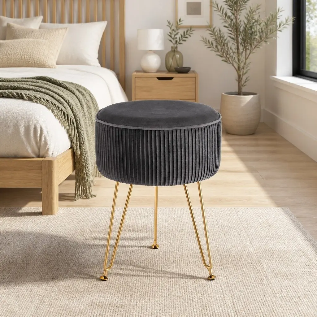 Round Ottoman Footstool Living Room Velvet Grey 33cm x 33cm x 46cm