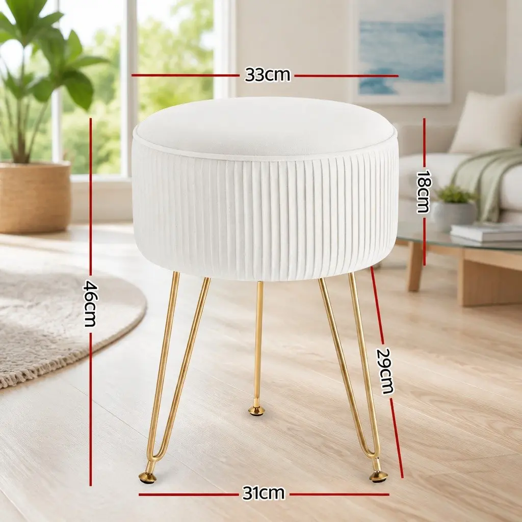 Round Ottoman Footstool Velvet Stripe Design White Living Room Seating