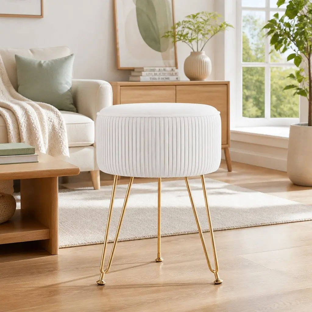 Round Ottoman Footstool Velvet Stripe Design White Living Room Seating