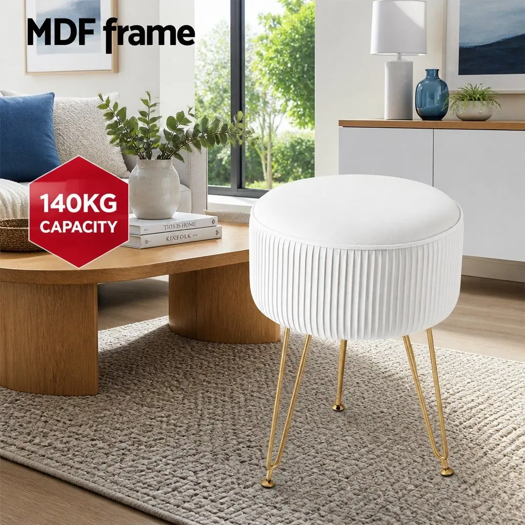 Round Ottoman Footstool Velvet Stripe Design White Living Room Seating