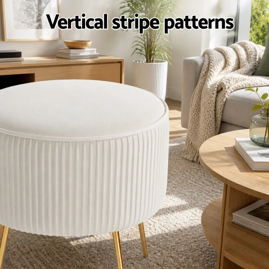 Round Ottoman Footstool Velvet Stripe Design White Living Room Seating