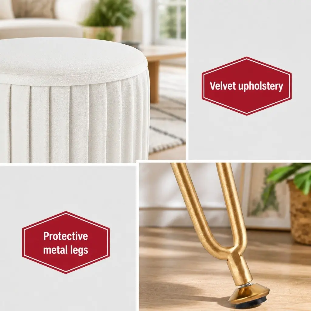 Round Ottoman Footstool Velvet Stripe Design White Living Room Seating