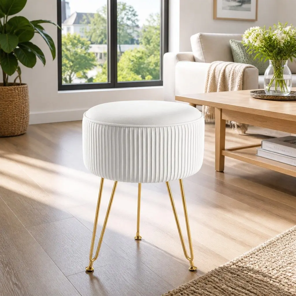 Round Ottoman Footstool Velvet Stripe Design White Living Room Seating