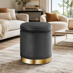 Round Ottoman Storage Footstool Velvet Charcoal Grey Seat Cushion Home Furniture