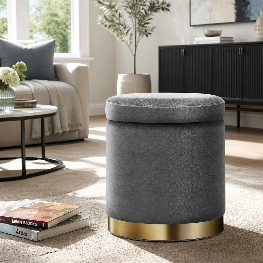 Round Ottoman Storage Footstool Velvet Charcoal Grey 40cm for Living Room