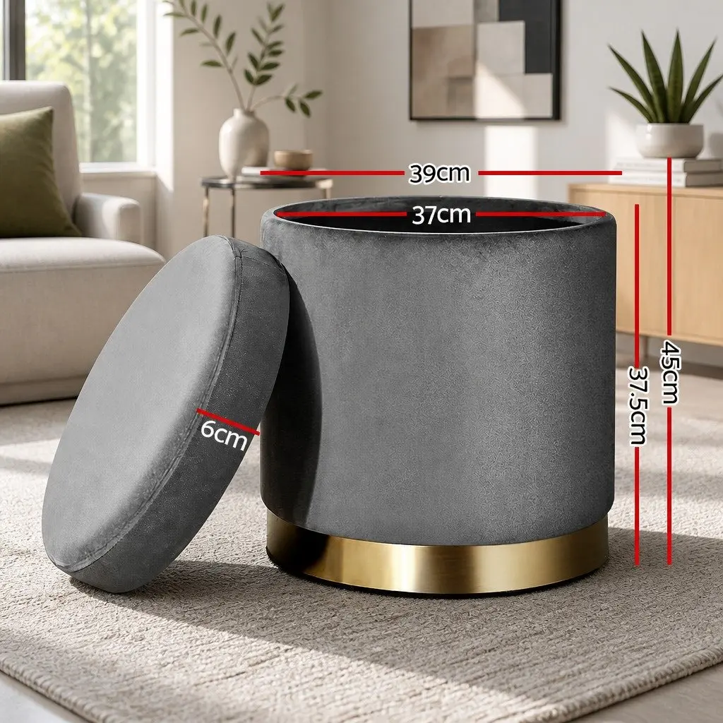 Round Ottoman Storage Footstool Velvet Charcoal Grey 40cm for Living Room