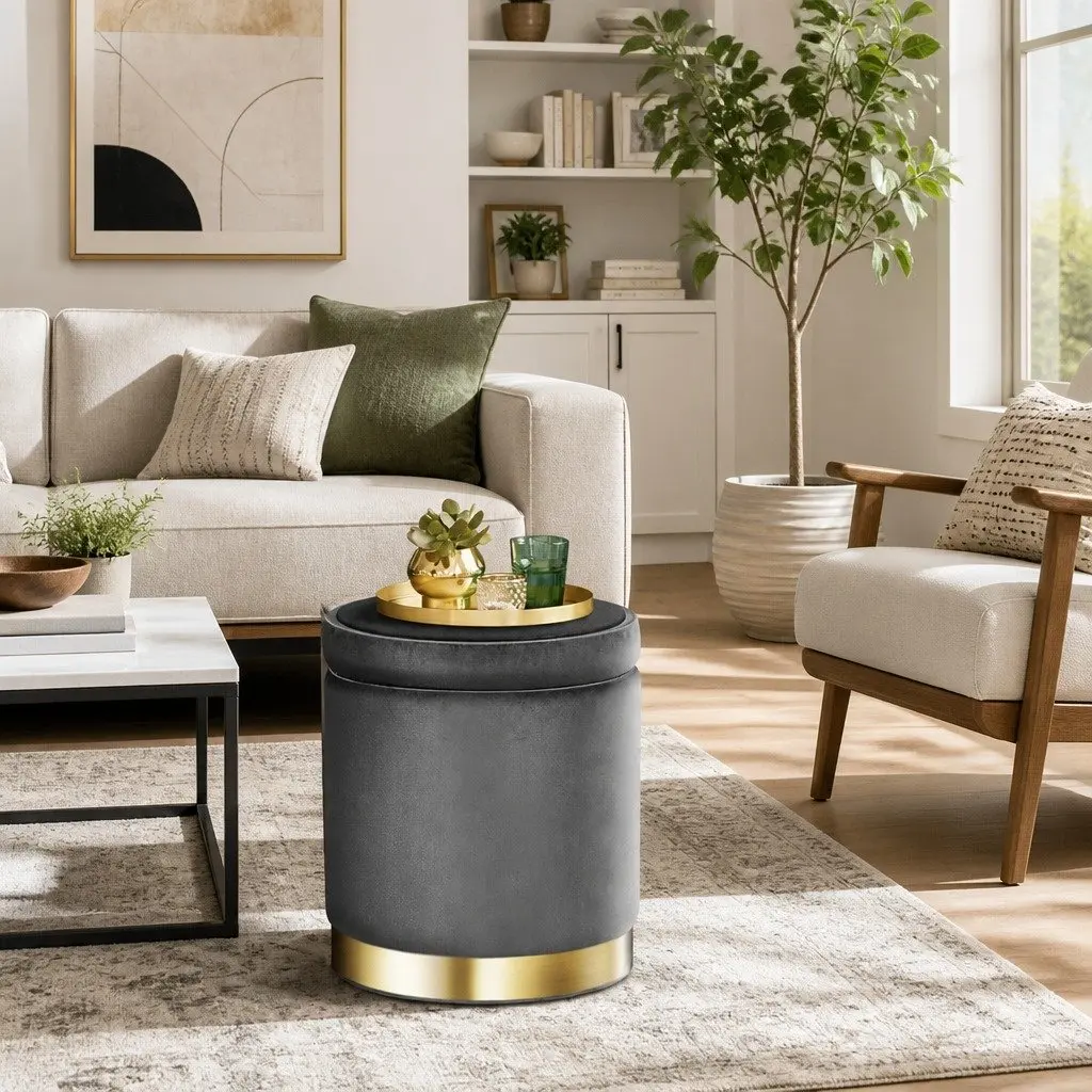 Round Ottoman Storage Footstool Velvet Charcoal Grey 40cm for Living Room