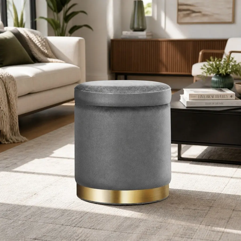 Round Ottoman Storage Footstool Velvet Charcoal Grey 40cm for Living Room